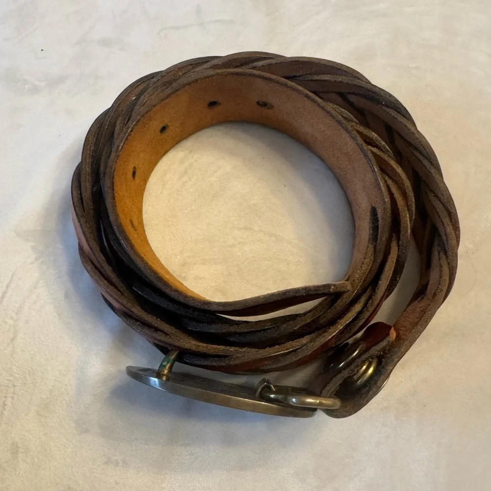 VTG! BTS Solid Brass! Braided Brown Leather Belt w/ Solid Brass Oval Buckle
